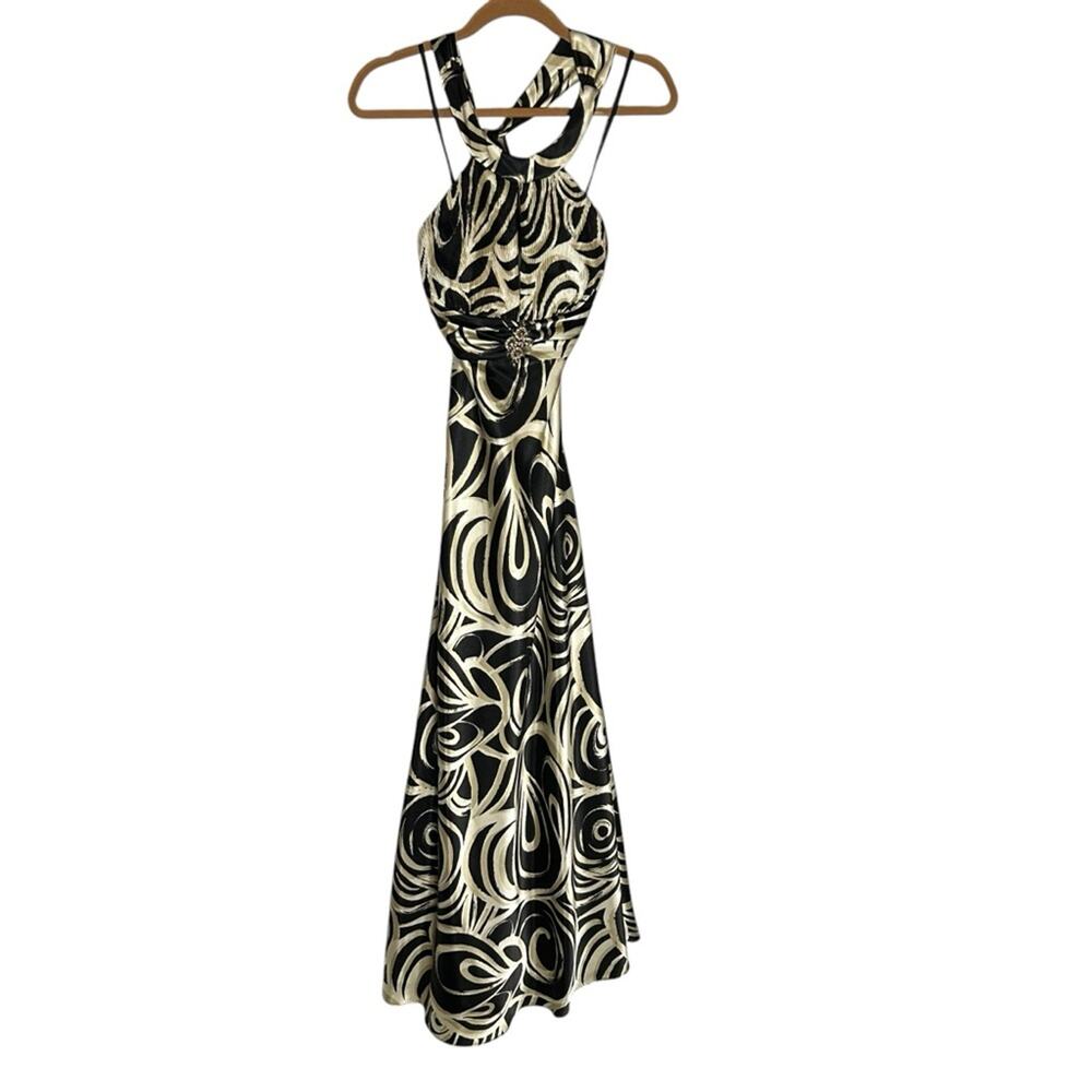 Cachet Black & Tan Swirl Brooch Halter Neck Crisscross Open Strap Back Dress 6